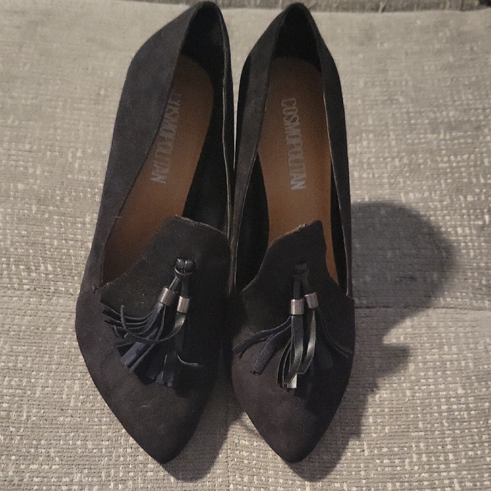 Cosmopolitan Black Suede Pointed Tassel Heels